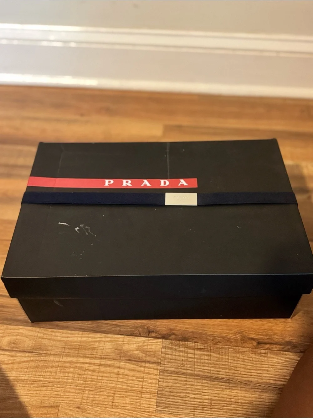 Prada Black Box with Red Logo Stripe and Navy Band